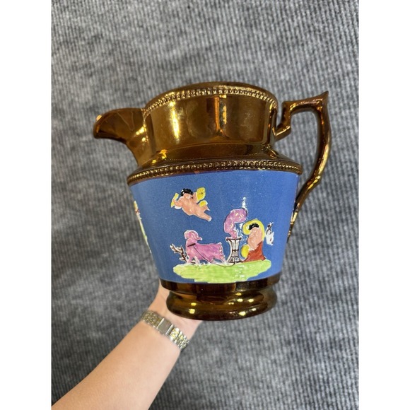 English Staffordshire copper luster Hand Painted Ceramic Pitcher Cherub Chariot - Picture 3 of 11